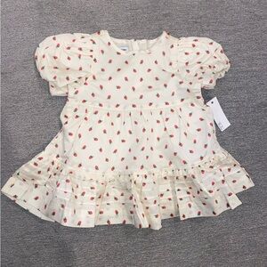 Cream Strawberry-Print Puff Sleeve Dress for Kids